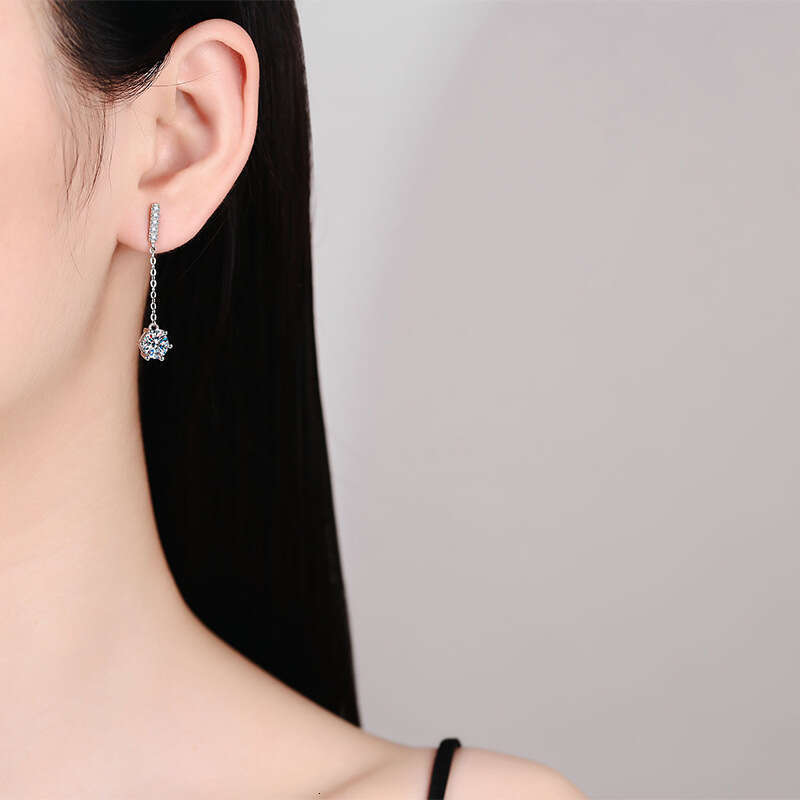 S Pure Sier Korean Style Tassel Six-Prong D Color One Carat Ear Line Moissanite Earrings ef4