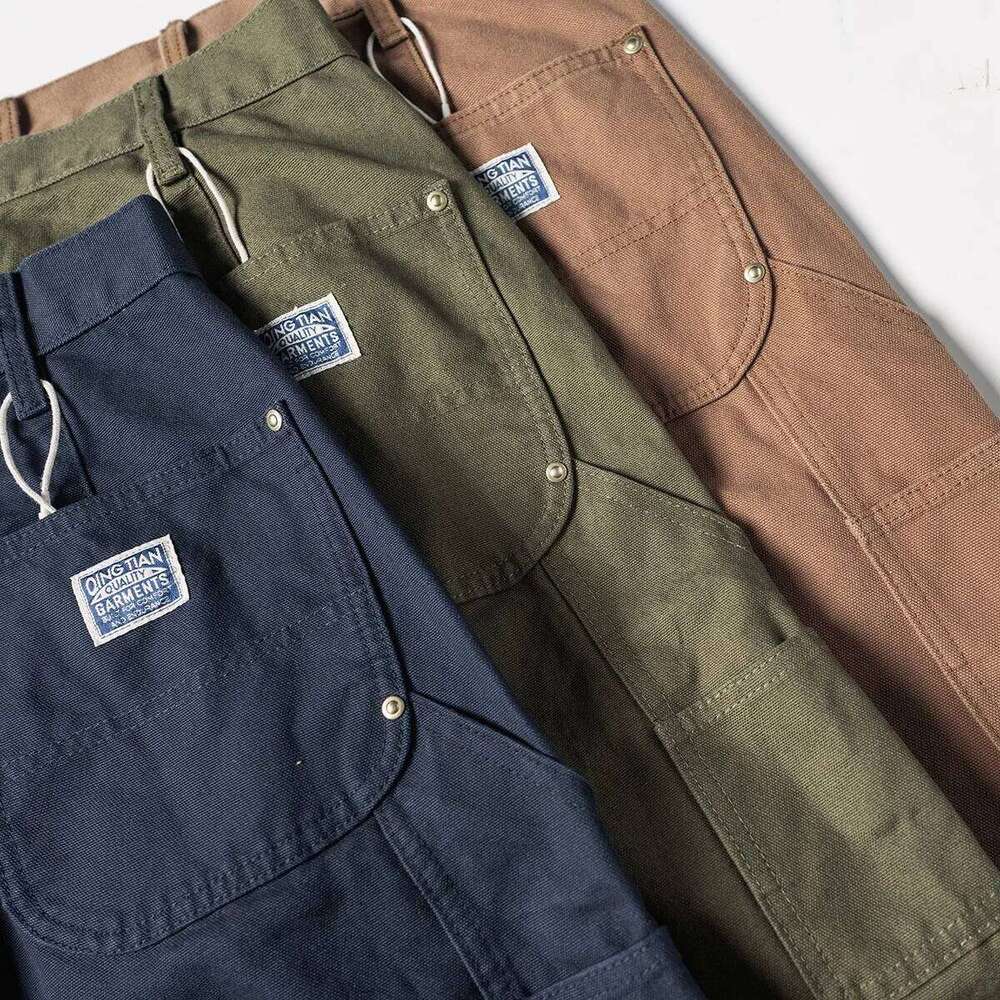 QT Old Era Double Knee Reinforced Canvas Overalls Double Knees American Retro Straight Thick Casual Pants