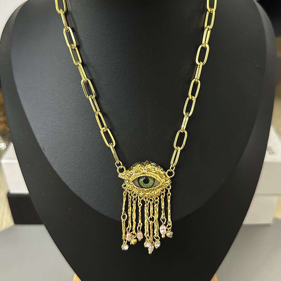 Vintage Personality Demon Eye Pearl Tassel Light High-end Sense Earrings Ring Necklace Set Accessories for Women