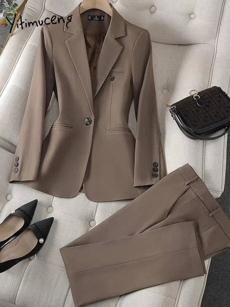 Casual Blue Blazer Suits Women Office Wear Long Sleeve Single Button Jacket 2 Pieces Set Chic Fashion Pant Suits Elegant Ladies 250715