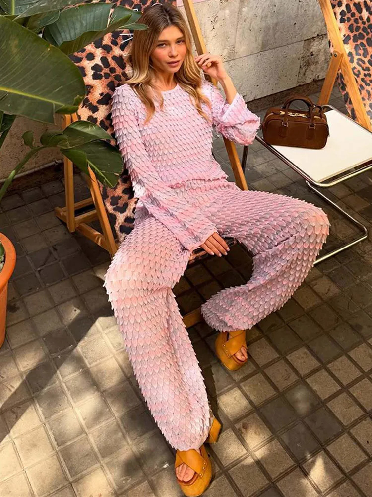 Knitted Scale Thin Sweater Long Pant Set Lady Casual O-neck Sweaters Loose Straight Pants Sets Women Chic Street Outfits 250714