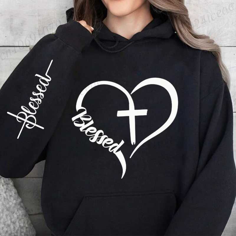 Hoodie for Women Blessed and Heart Letters Warm Fleece Woman Hoody Sweatshirts Blessed Cross Autumn Hoodies Y2K Casual Tops Z250719