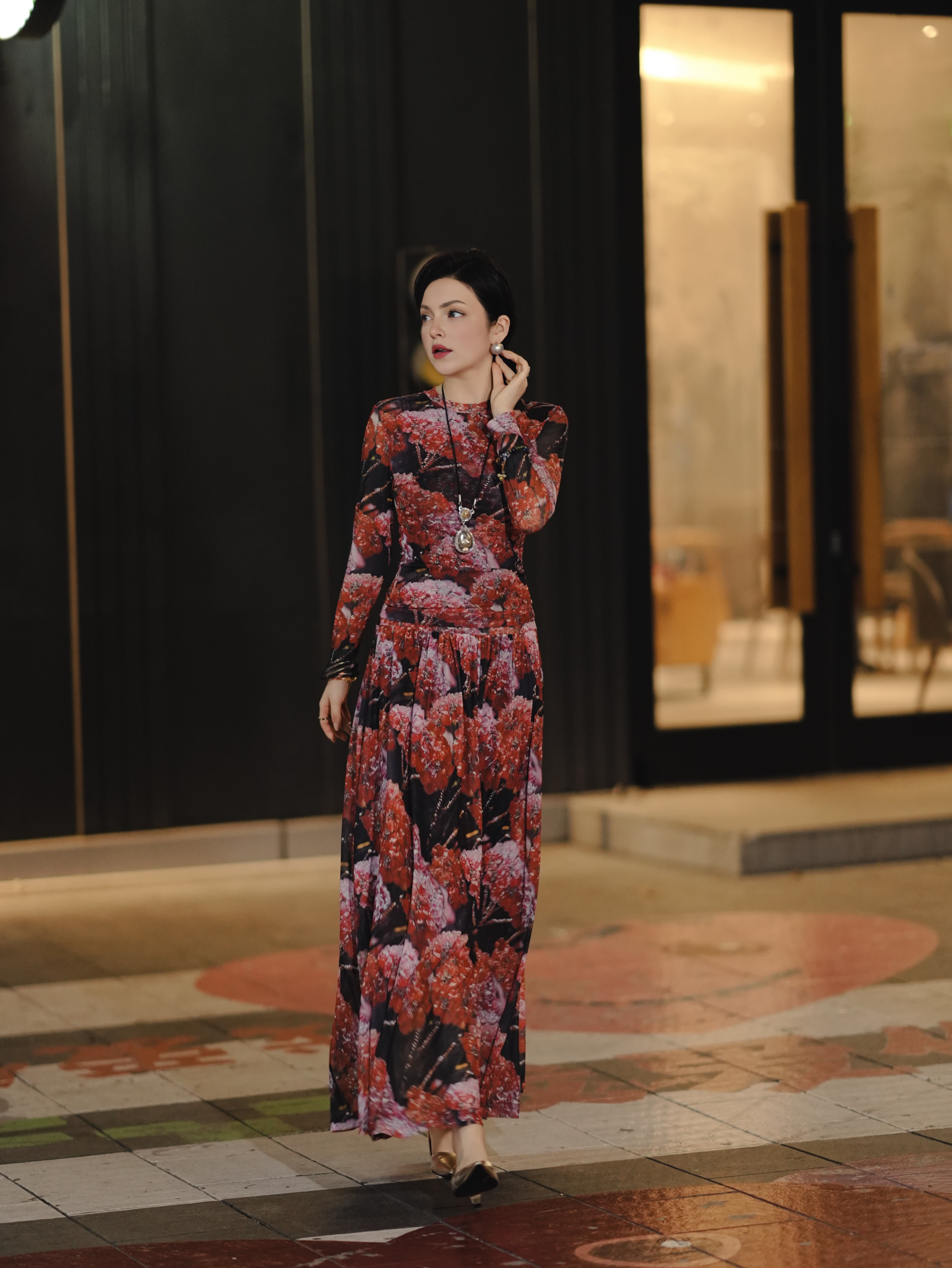 HZHJ New Designer's Red Flower Cluster Winter Long Sleeve Set Skirt Slimming Printed Dress Medium Length