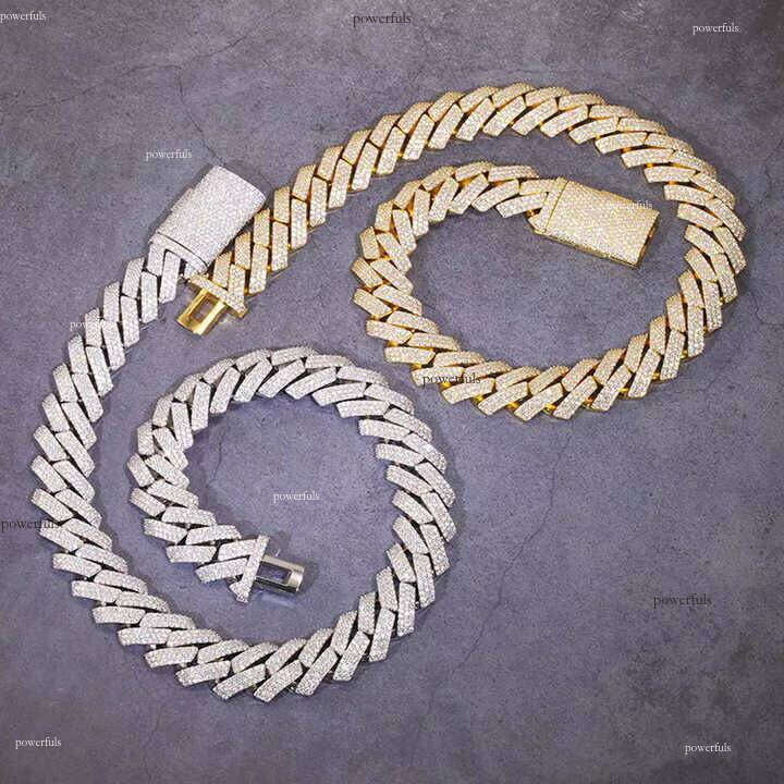 3 Rows 15mm Width Solid Sier Moissanite Cuban Link Chain Men's Hip Hop Necklace Puluows