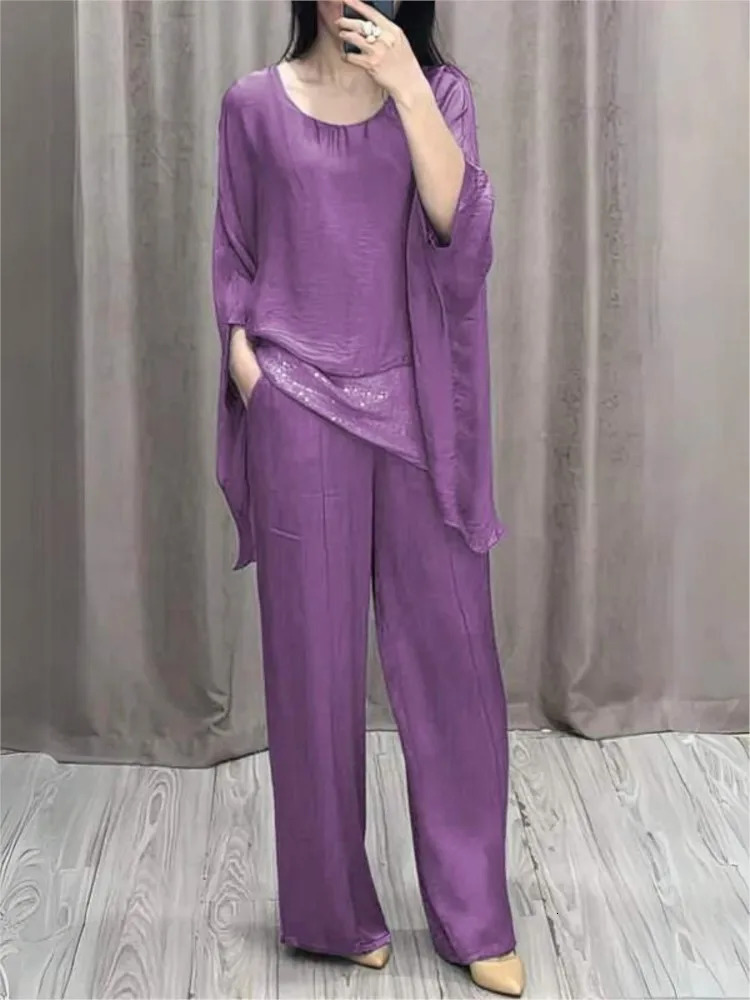 Women Double-layer Top Two-piece Suit Spring Autumn Fashion O-neck Sets Casual Batwing Sleeve Top With Wide Leg Pants Outfits 250714