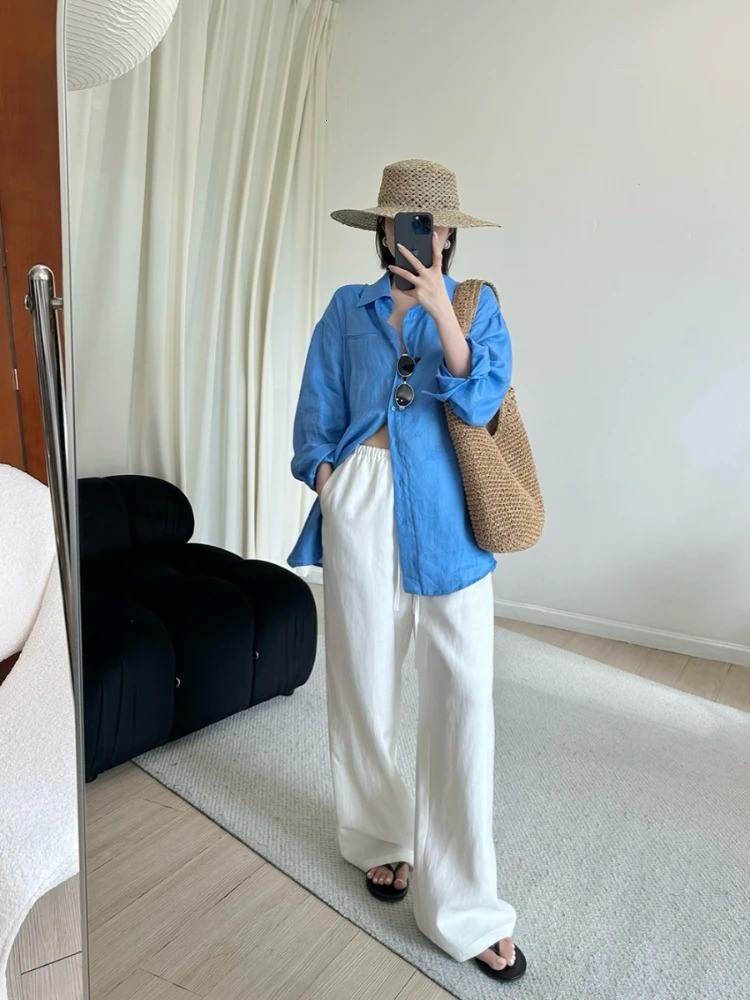Slack Linen Wideleg Pants Summer Loose Versatile Drawstring Straight White Casual Trousers Korean Fashion 250714