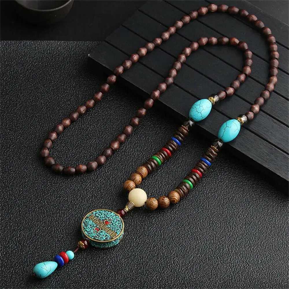 Unisex Handmade Nepal Buddhist Mala Wood Beads Pendant Necklace Boho Style Ethnic Long Pendant Mens Lucky Jewelry W250718