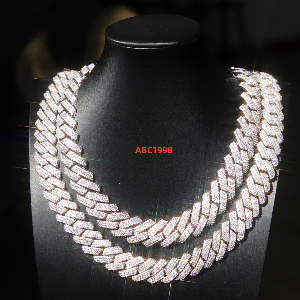 Pass Diamond Test Hip Hop Jewelry Vvs Stone Shiny 20mm 3row Men 925 Sterling Silver Necklace Moissanite Cuban Link Chain