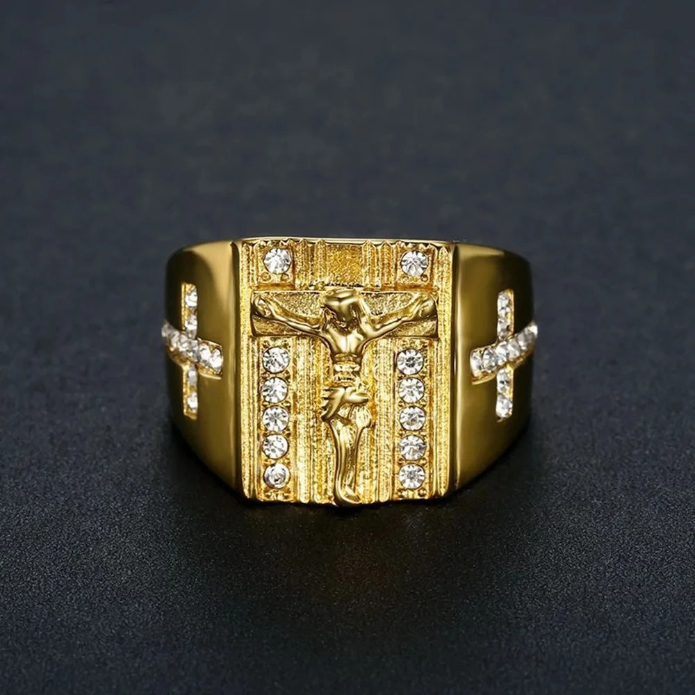 Hip Hop Iced Out Religious Jesus Cross Ring Gold Color Stainless Steel Christian Rings For Women Men Wholesale Mens Ring 250717
