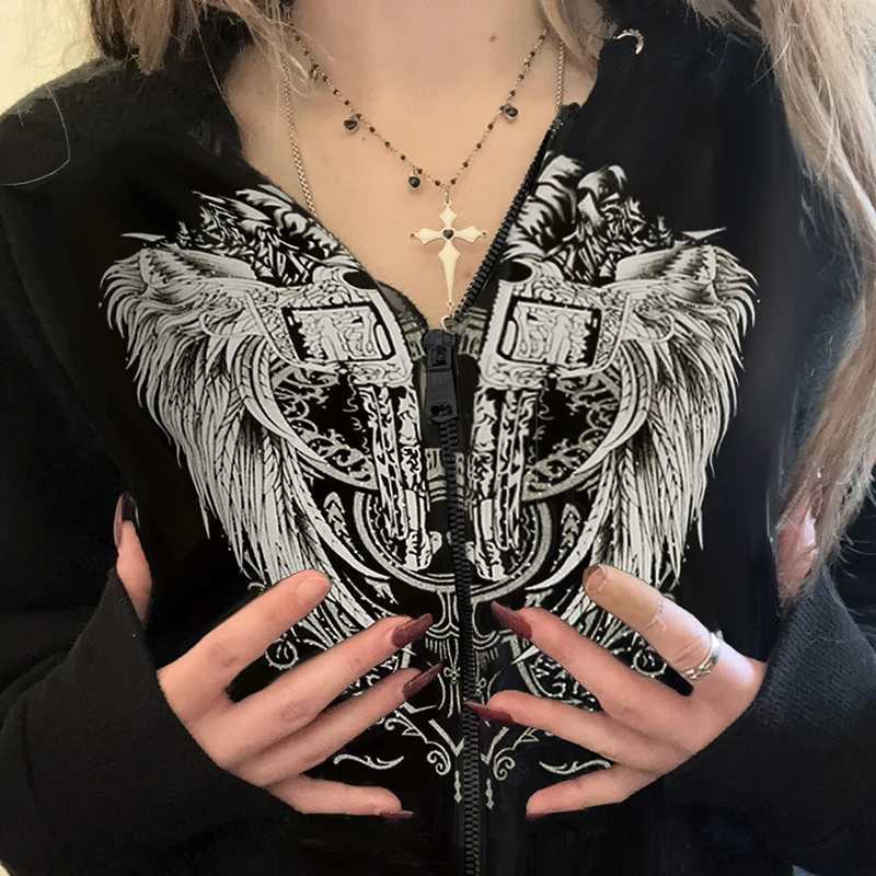Darlingaga Gothic Dark Wings Printed Slim Jackets For Women Zip-Up Autumn Hooded Outwear Y2K Harajuku Streetwear Vintage Coats Z250719