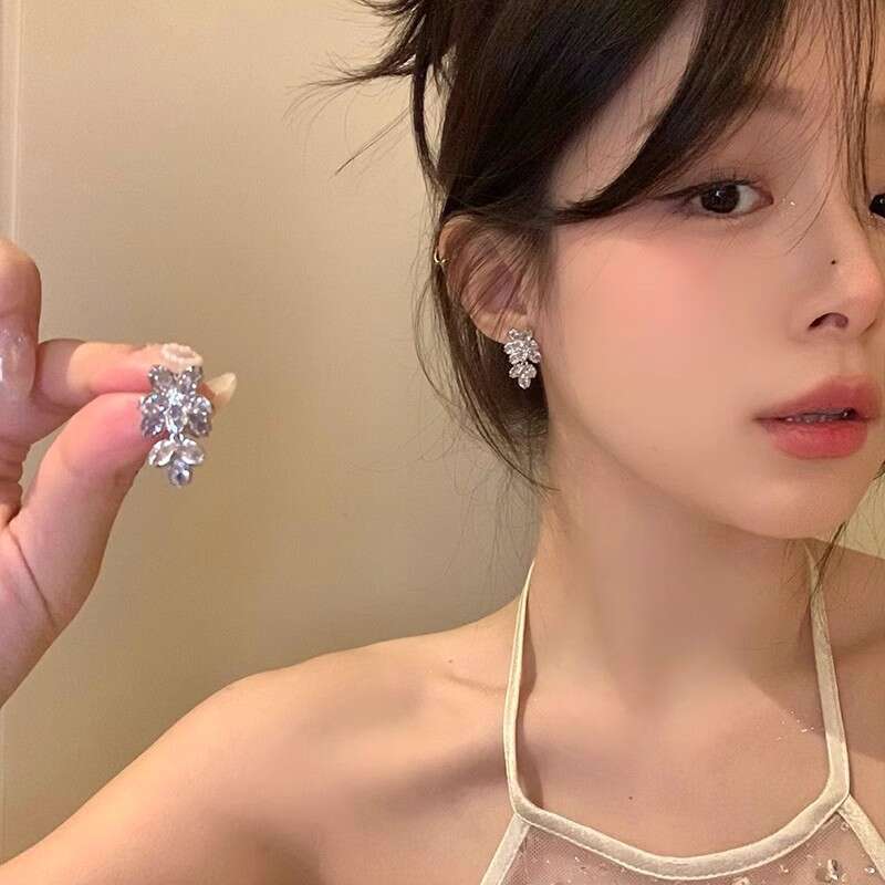S Sier Needle Versatile Elegant Socialite Zircon Flower for Women Light Niche High-end Earrings Internet Celebrity Ear Jewelry