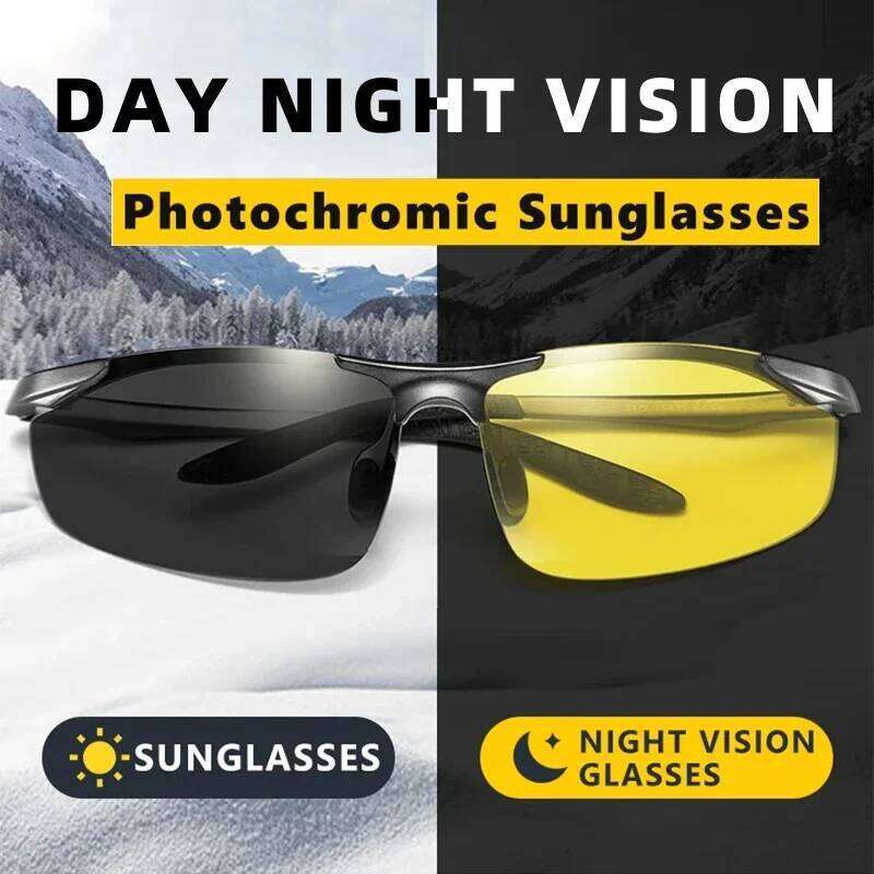 CLLOIO Aluminium Rimless Photochromic Day Night Vision Anti-Glare Glasses Men Polarized Driving Sunglasses Travel Fishing Goggle