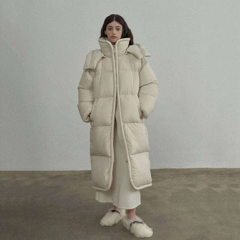 Winter Hooded Mid-Length Women Loose Thick 90 White Duck Jacket Female Windproof Long Over Knee Down Parka Coat MDNG