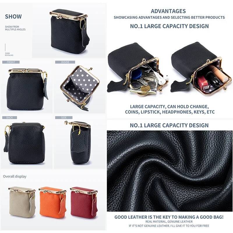 Women's Purse Genuine Leather Kiss Buckle Mini Wallet Coin Lipstick Storage Ladies Clutch Bag Drop Shipping