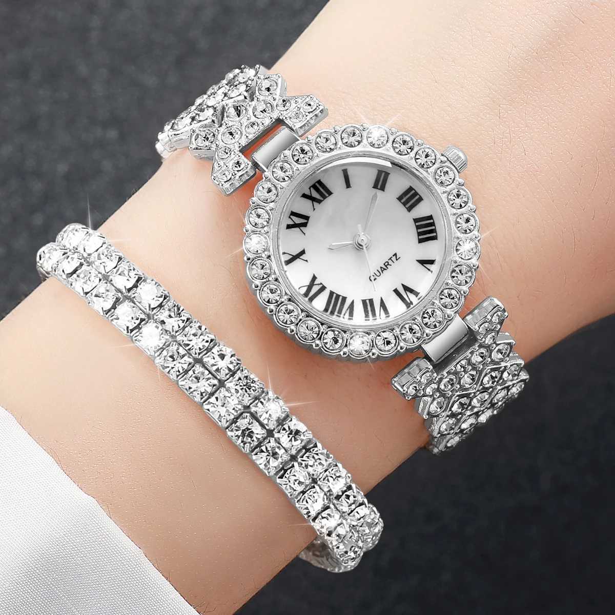 2PCs/Set Womens Luxury Watch Fashion Diamond Inlaid Dial Quartz Temperament Girls Watch Bracelet Set (Box Not Included) W250718