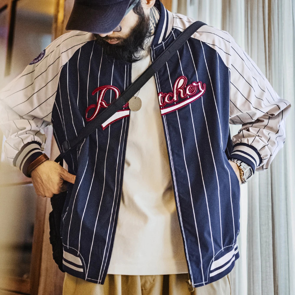 Maden Vintage Striped Baseball Jacket Letter Embroidery Badge ns Colorblocking Casual Outerwear for Mens Spring 250707