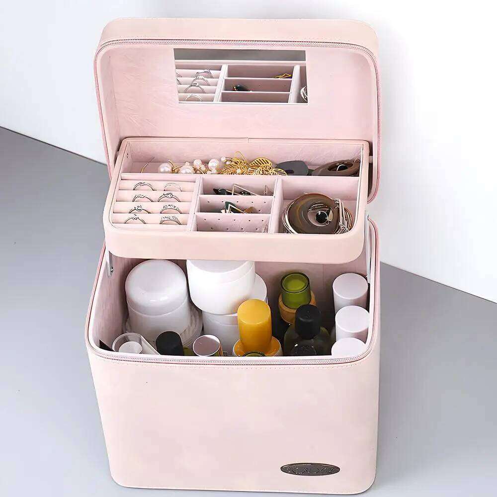 Large Capacity Cosmetic Pu Leather Waterproof Make-Up Case Lipstick Jewelry Organize Storage Multifunctional Box With Mirror