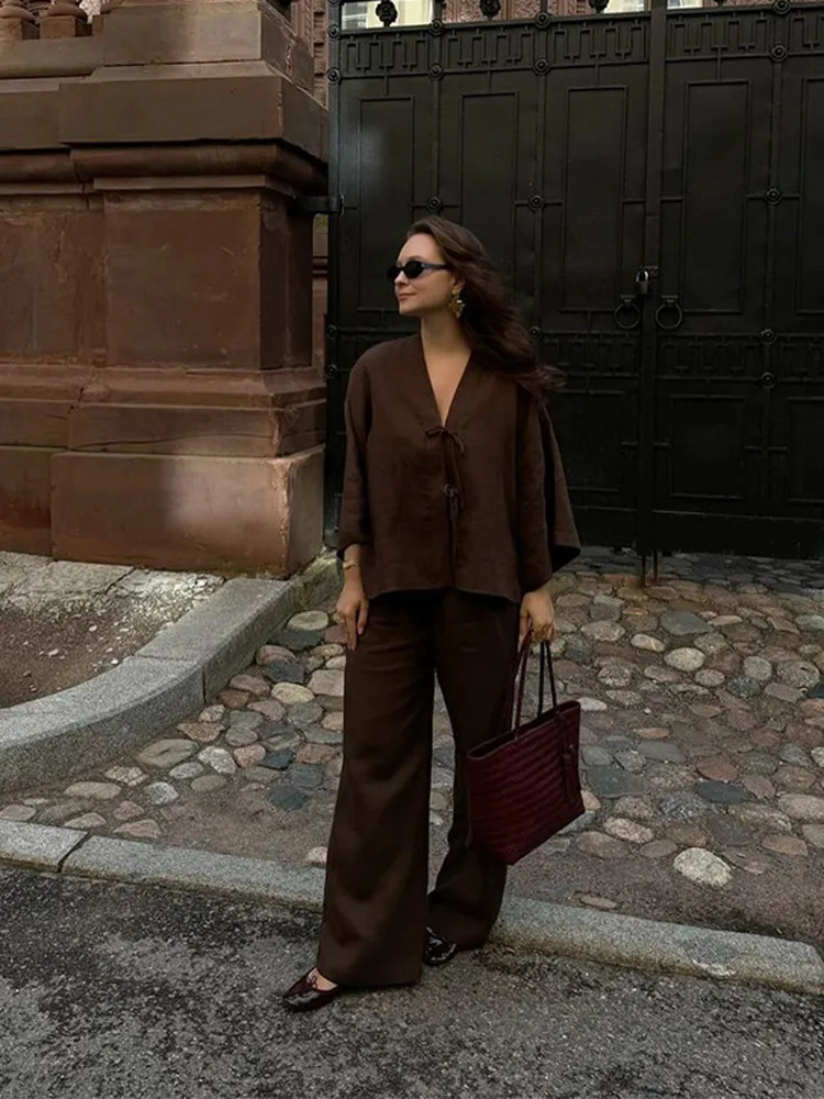 Womens Cotton Pants Suit Set Casual Chic Lace Up V Neck Long Sleeve Top High Waist Trousers 2025 Summer Streetwear Outfit Lady 250715