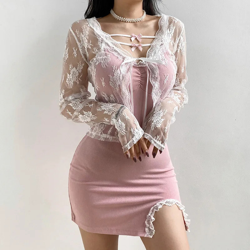 Women Sexy See Through Cardigans Y2K Long Sleeve Lace Mesh Vintage Tie Up Floral Crop Tops Streetwear 250714