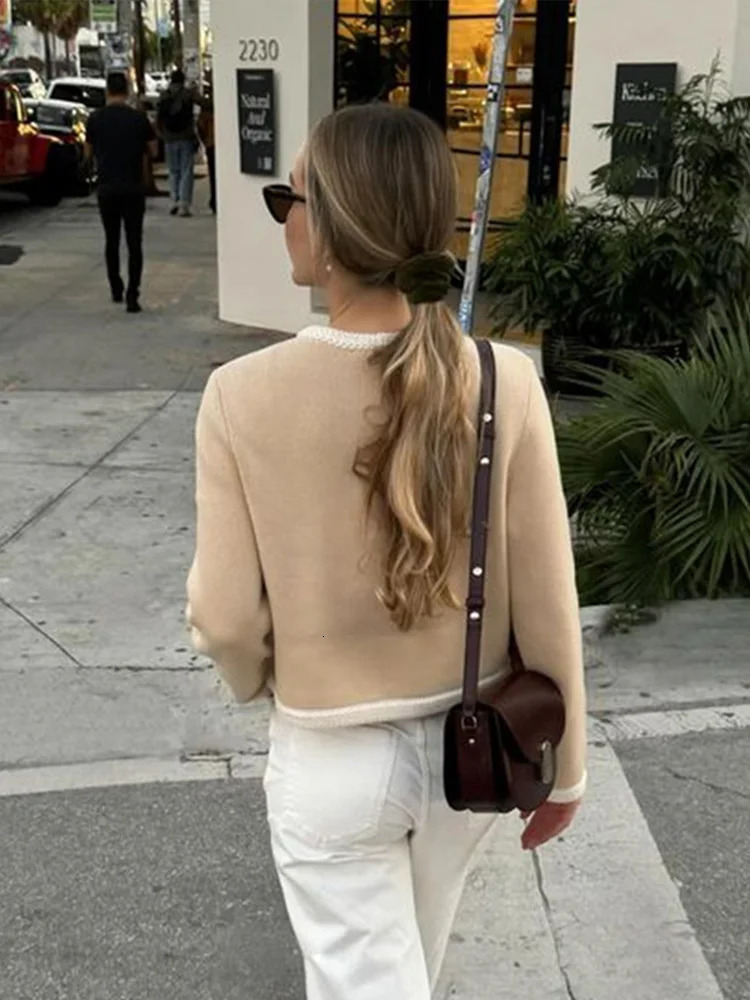 Chic Patchwork Single Breasted Knitting Cardigan Women Elegant O Neck Long Sleeve Pocket Sweater Coat Office Lady Crop Top 250715