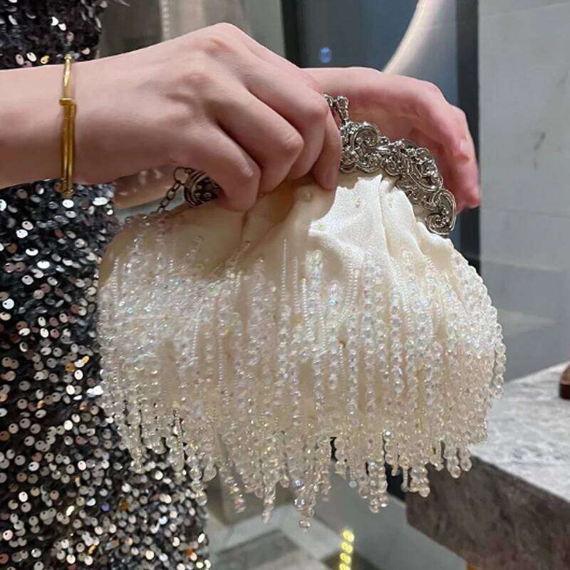 Beaded Tassel Women's Fashion Cheongsam Clip Pearl Chain Satin Handbag High-Quality Crossbody Bag