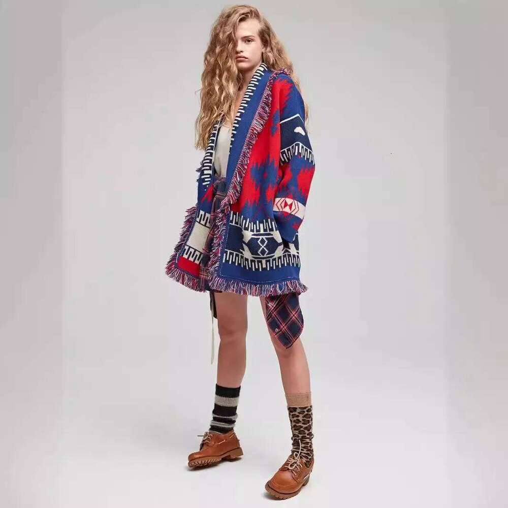 Designer Clothing Autumn/Winter Wool-Blend Jacquard Vintage Sweater Cardigan Loose-Fit Boho Fringed Knit Jacket Thickened For Winter Fashion