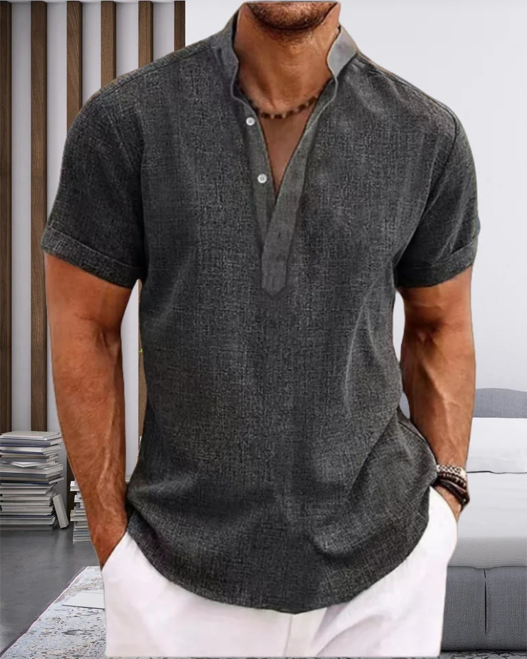 mens tiedyed Henry collar casual beach shortsleeved fashionable solidcolor top Tshirt highquality street shortsleeve 250717