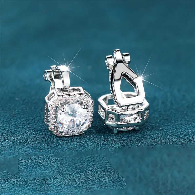 Female Cute Small Clip Earrings White Zircon Round Stone Earrings For Women Vintage Silver Color Crystal Jewelry Bridal Earrings XJ250718