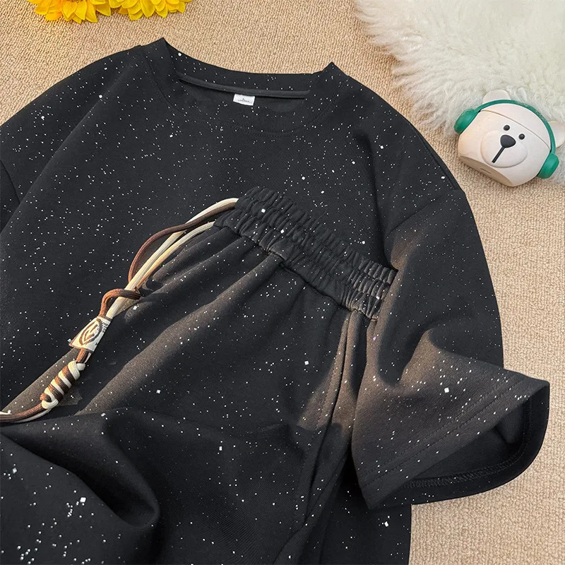 Short Sleeve Suit Men Fashion Diamond O-neck Short Sleeve T Shirt Loose Casual High Street Black Drawstring Shorts 2 Piece Set 250715