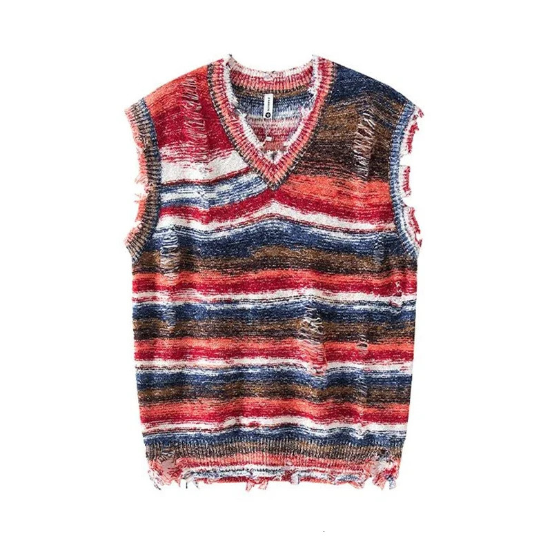 Harajuku Gradient Stripe Sleeveless Vest Y2K Washed Ripped Tie Dye V-Neck Tank Top Baggy Pullover Knitted Sweater 250716