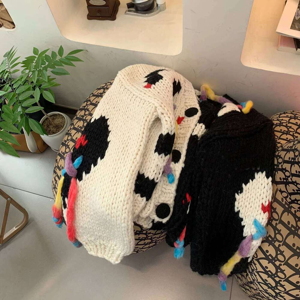Designer Clothing Women Multi Color Tassels Chunky Cardigan 2024 Autumn Winter Handmade Sweater Jumper Outwear Niche Design Fashion