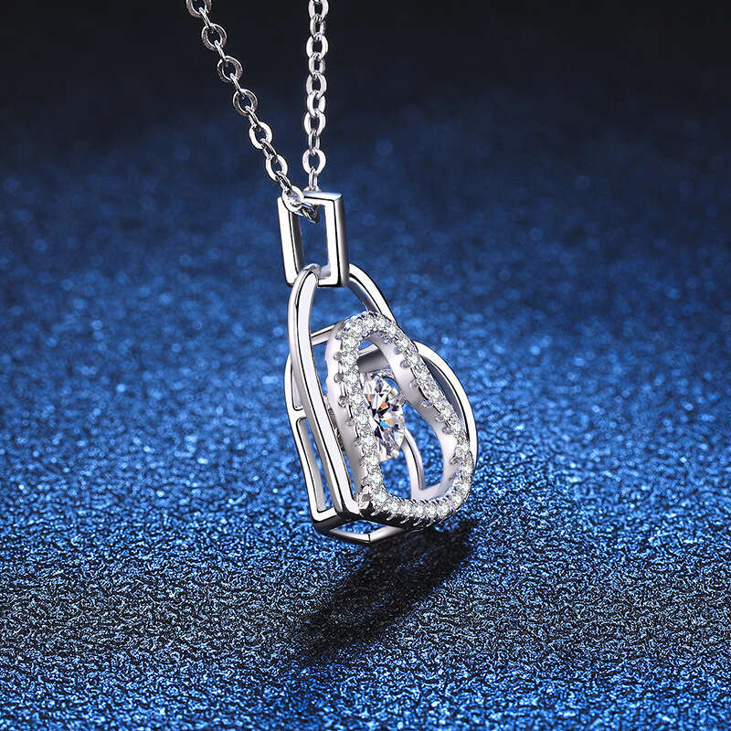 Pure Sier Pendant for Women, PT950 Plated, Heart-to-Heart Vibrant Pendant, D Color Moissanite Necklace, Valentine's Day Gift 5c4
