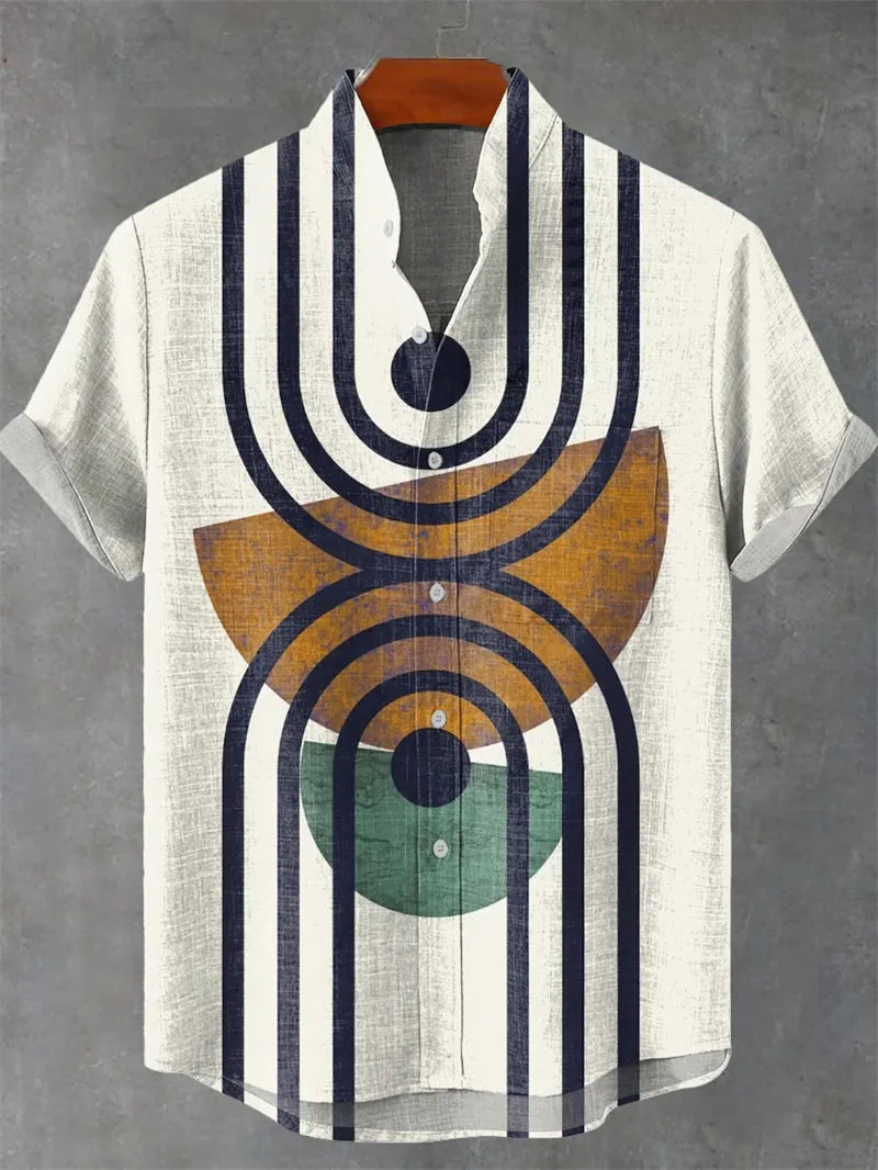 Mens Linen Summer Shirt Casual Short Sleeved Lapel 3D Checkered Striped Pattern Top Blusas Masculina 250717