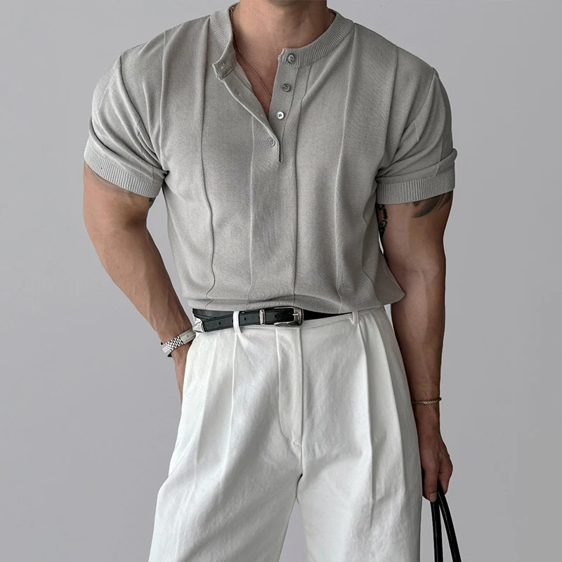 Fashion Men Henry Collar T-Shirt Leisure Knit Short Sleeve Tops Korean Style Summer Stretchy Breathable Fitness Tees 250715