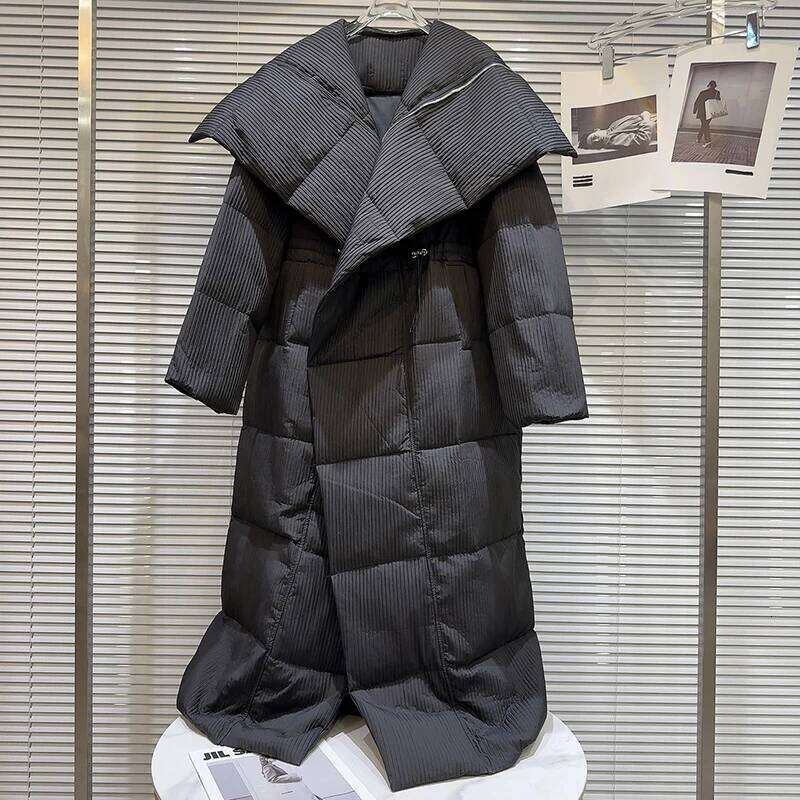 Winter Big Turn Collar Long Drawstring Striped Thick Knee Length Overcoat Warm White Duck Down Jacket Women MDNG