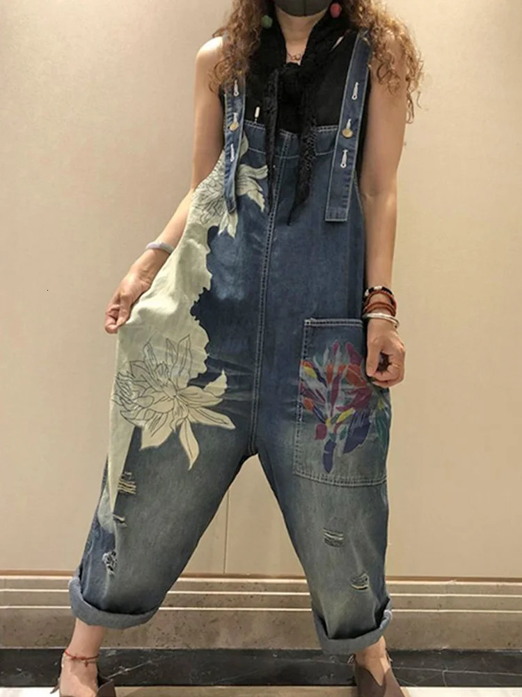AmaxluluE 2025 Females Fashion Overalls Ladies Summer Printed Denim Pantalons Vintage Casual Jeans Loose Trousers 250714