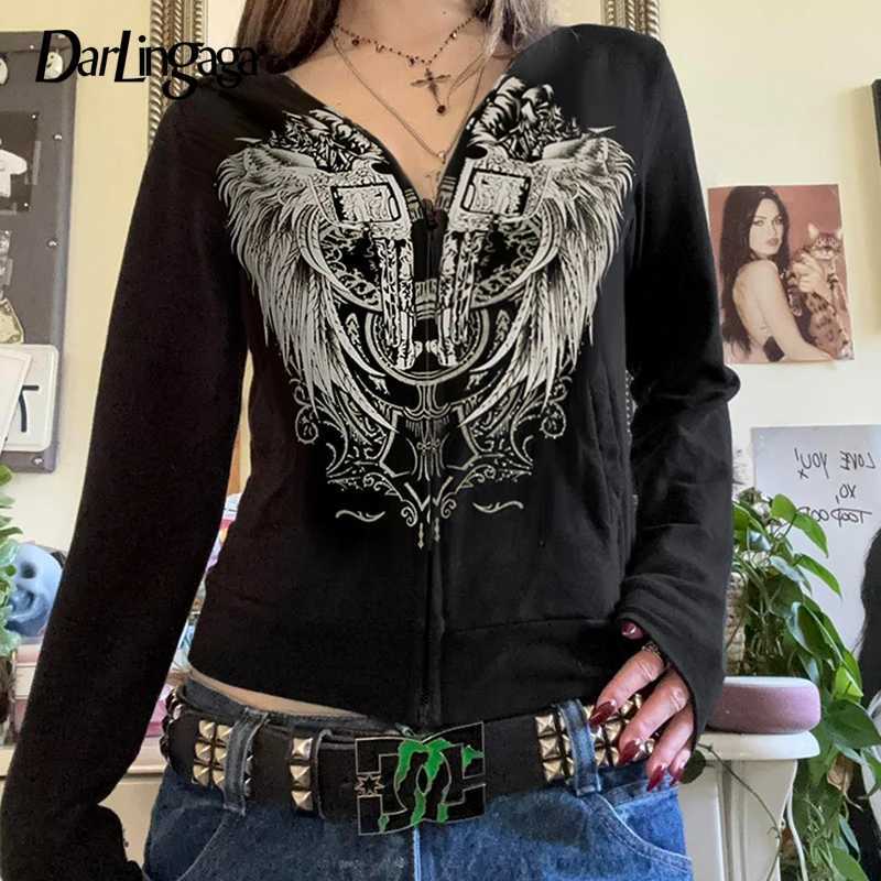 Darlingaga Gothic Dark Wings Printed Slim Jackets For Women Zip-Up Autumn Hooded Outwear Y2K Harajuku Streetwear Vintage Coats Z250719