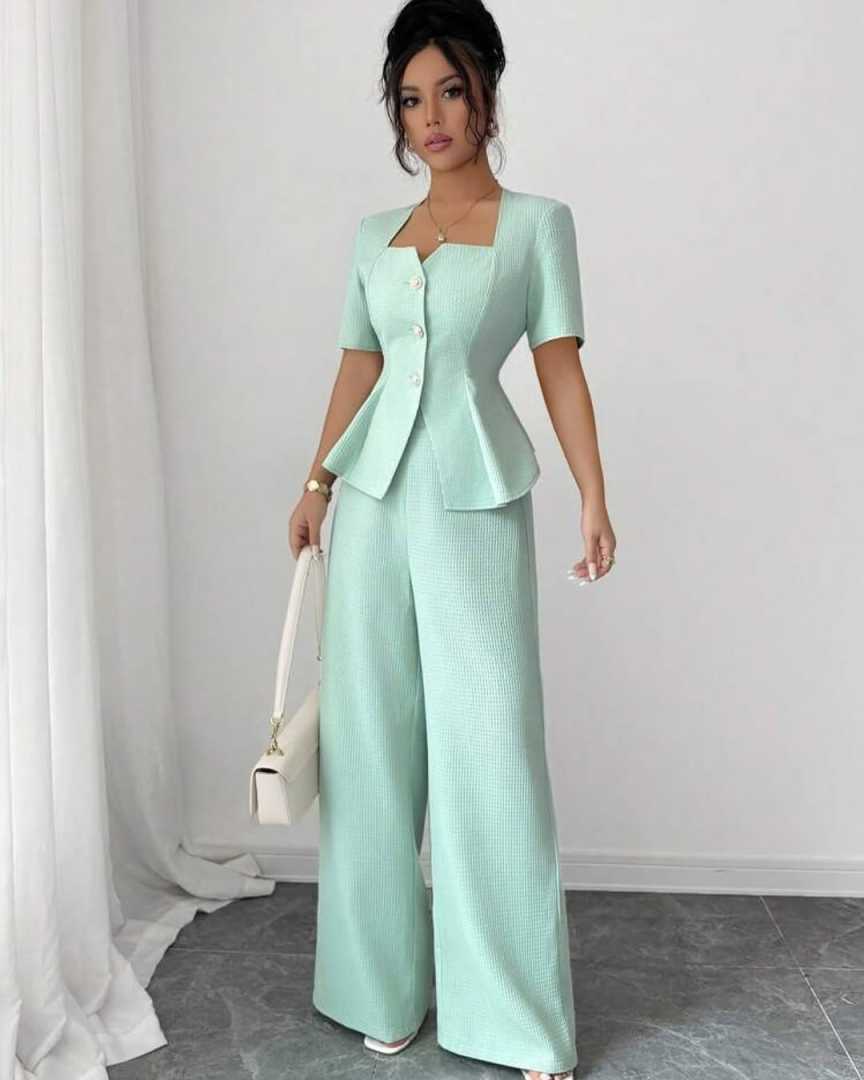 Slim Fit Mint Green Women Pants Suits Customized Summer Short Sleeve Ladies Prom Evening Guest Wear Birthday Party Outfits 2 Pieces