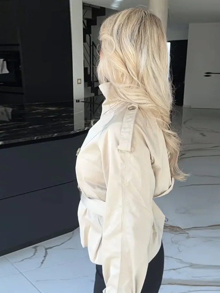 Spring Womens Short Jacket Trench Coat Belt Double Breasted Stand Collar Long Sleeve Outerwear 2025 High Street Windbreaker 250715