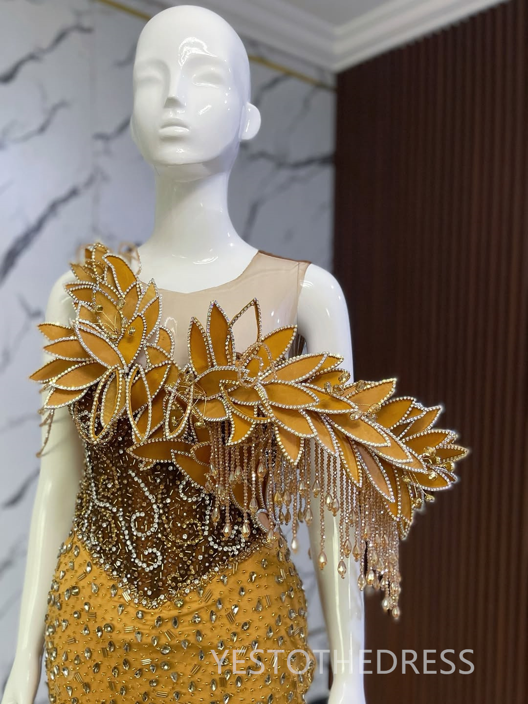 2025 African Gold Aso Ebi Prom Dress Mermaid Prom Dresess Evening Formal Gown Sheer Neck Beaded Lace Rhinestone Birthday Second Reception Gown For Bla