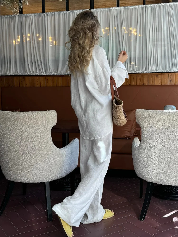 Classic Solid Elastic Waist Drawstring Pants Suit Women Casual Cotton Linen Button Down Shirt Set Loose Lady Vacation Streetwear 250715