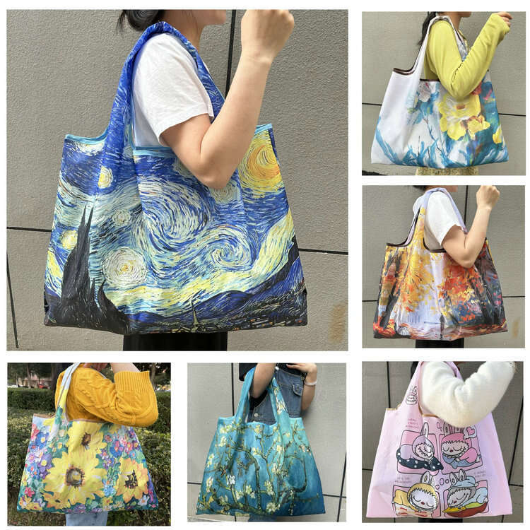 Foldable Eco-Friendly Travel Portable Supermarket Large Capacity Single Shoulder for Women Grocery Oil Painting Series Shopping Bag