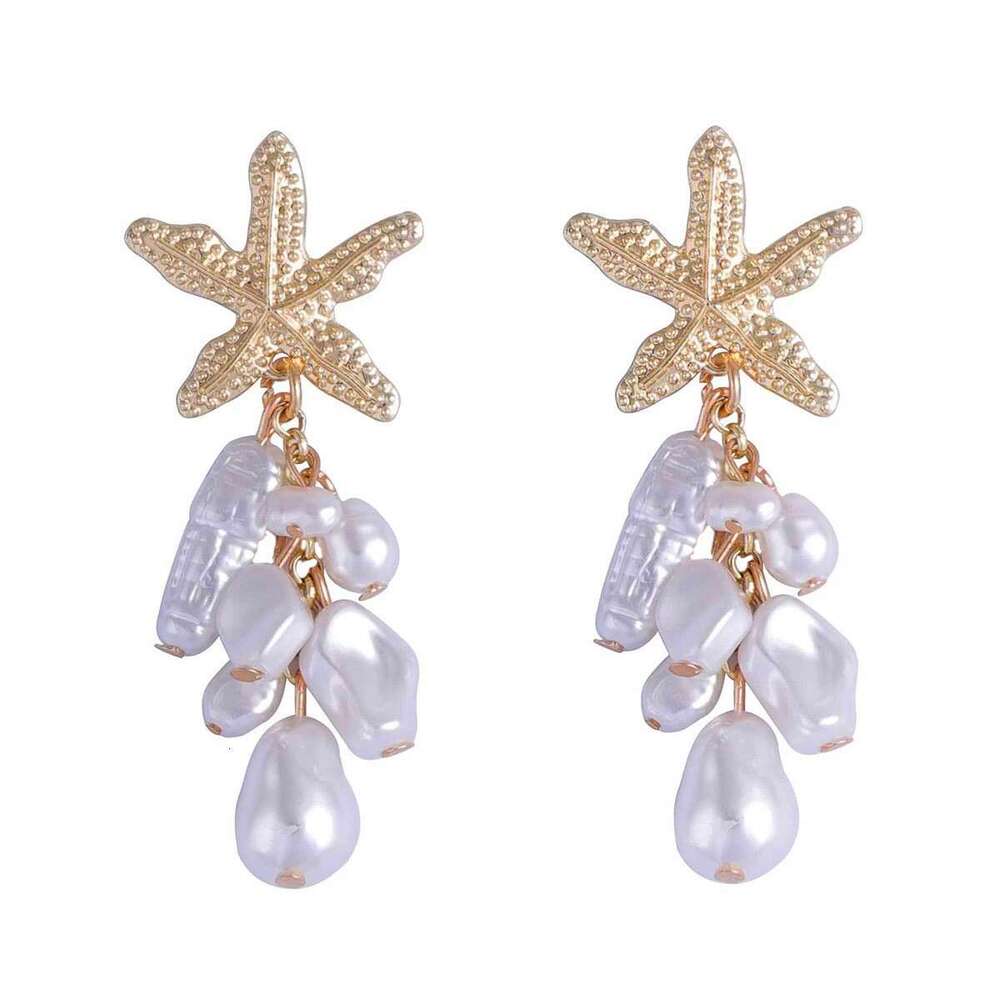 Fashionable High-End Alloy Starfish Imitation Pearl Pendant Simple Ocean Vacation Style Earrings for Women