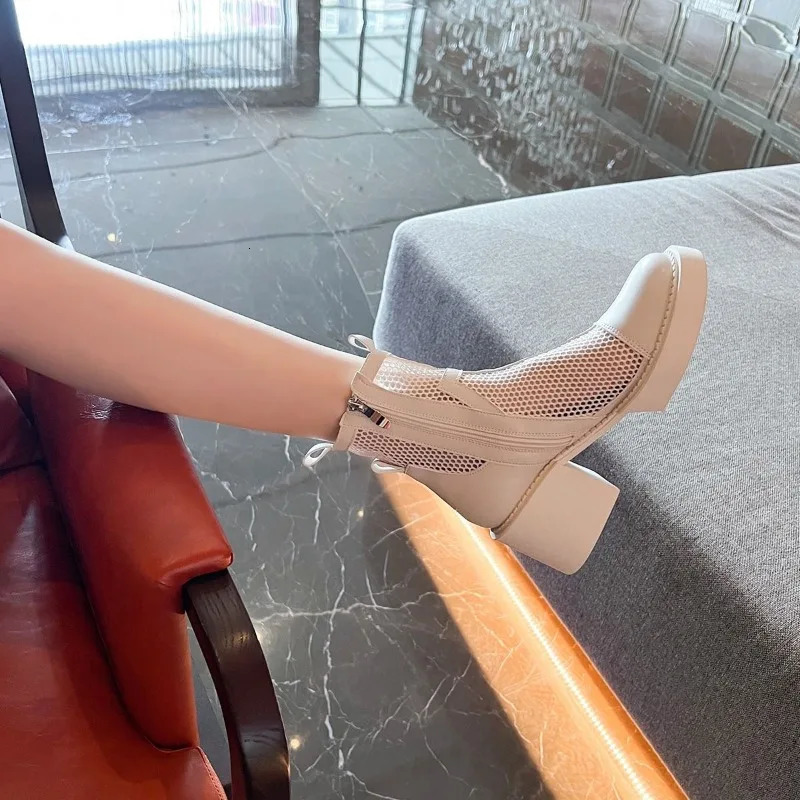 Summer White Hollow Womens Thick Heel High Heel Mesh Boots with Small Short Boots Breathable Thin Style 250714
