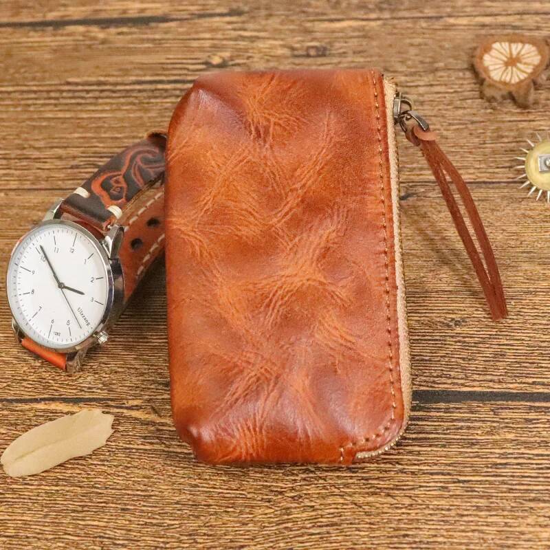 Genuine Leather Men's Vintage Coin Purse Money Bag Zipper Small Pocket for Men Women Short Wallet with Card Holder