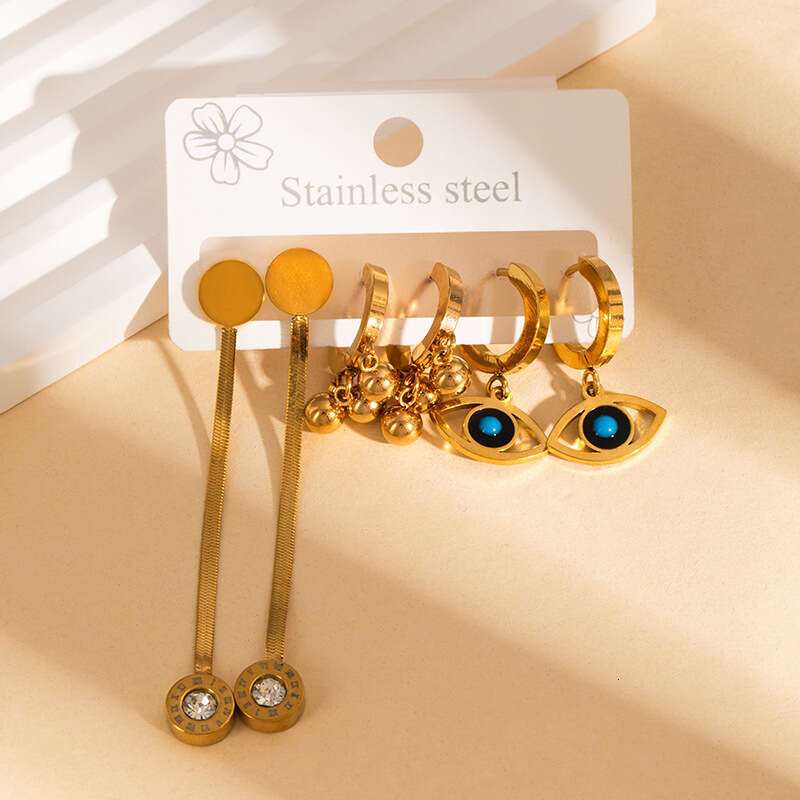 New Devil's Eye Stainless Steel Earring Set High-end Elegant Versatile Water Drop Earrings for Women