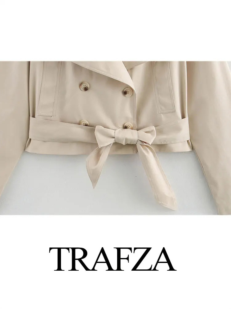 TRAFZA 2025 Spring Retro V-neck Double Breasted Womens Pocket Top Loose Jacket Womens Street Casual Lace-up Short Trench Coat 250716
