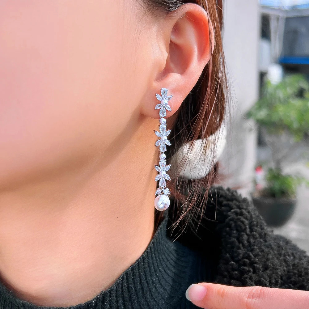 CWWZircons Shiny White CZ Paved Silver Color Long Dangle Drop Pearl Flower Leaf Cubic Zirconia Earrings for Women Wedding CZ478 250716