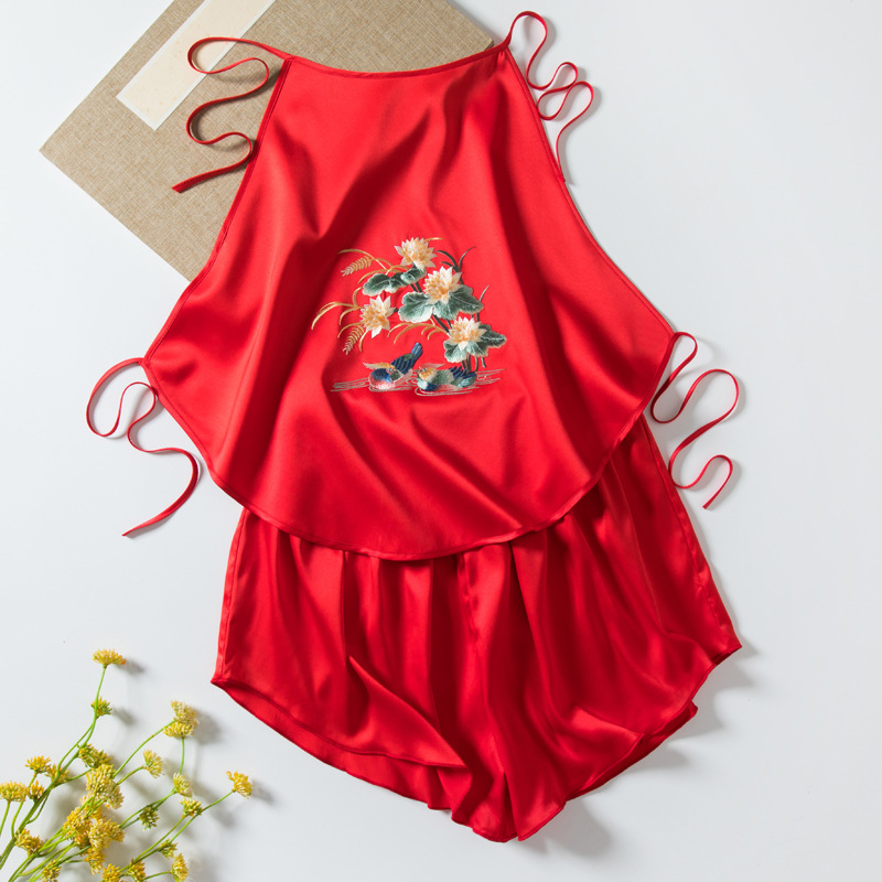 Z40-Retro sexy ice silk embroidered bellyband suit double-layer simulation silk embroidered suspenders underwear pajamas women summer