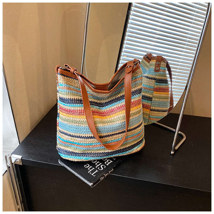 Rainbow Striped Straw Fashion Single Shoulder 2025 Summer New Women's Crossbody Handheld Woven Bucket Bag